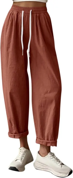 Linen Capri Pants Women Summer Wide Leg Cropped Pants Loose Cotton Ankle Trousers Elastic High Waist Workout Pants