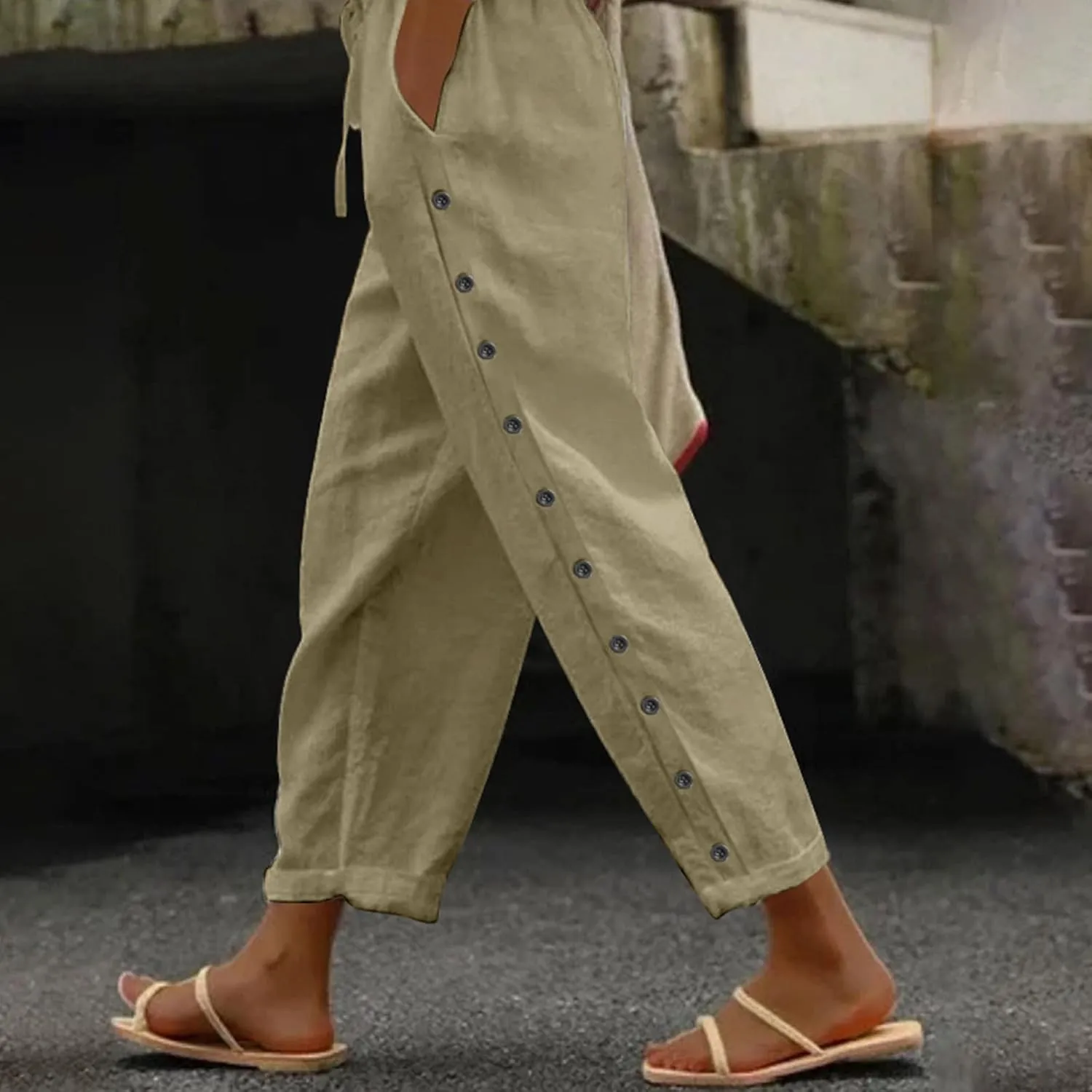 Linen Capris for Women Causal Beach Pants Drawstring Elastic Waist Boyfriend Pants Loose Lightweight Comfy Baggy Summer Pants
