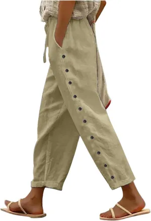 Linen Capris for Women Causal Beach Pants Drawstring Elastic Waist Boyfriend Pants Loose Lightweight Comfy Baggy Summer Pants