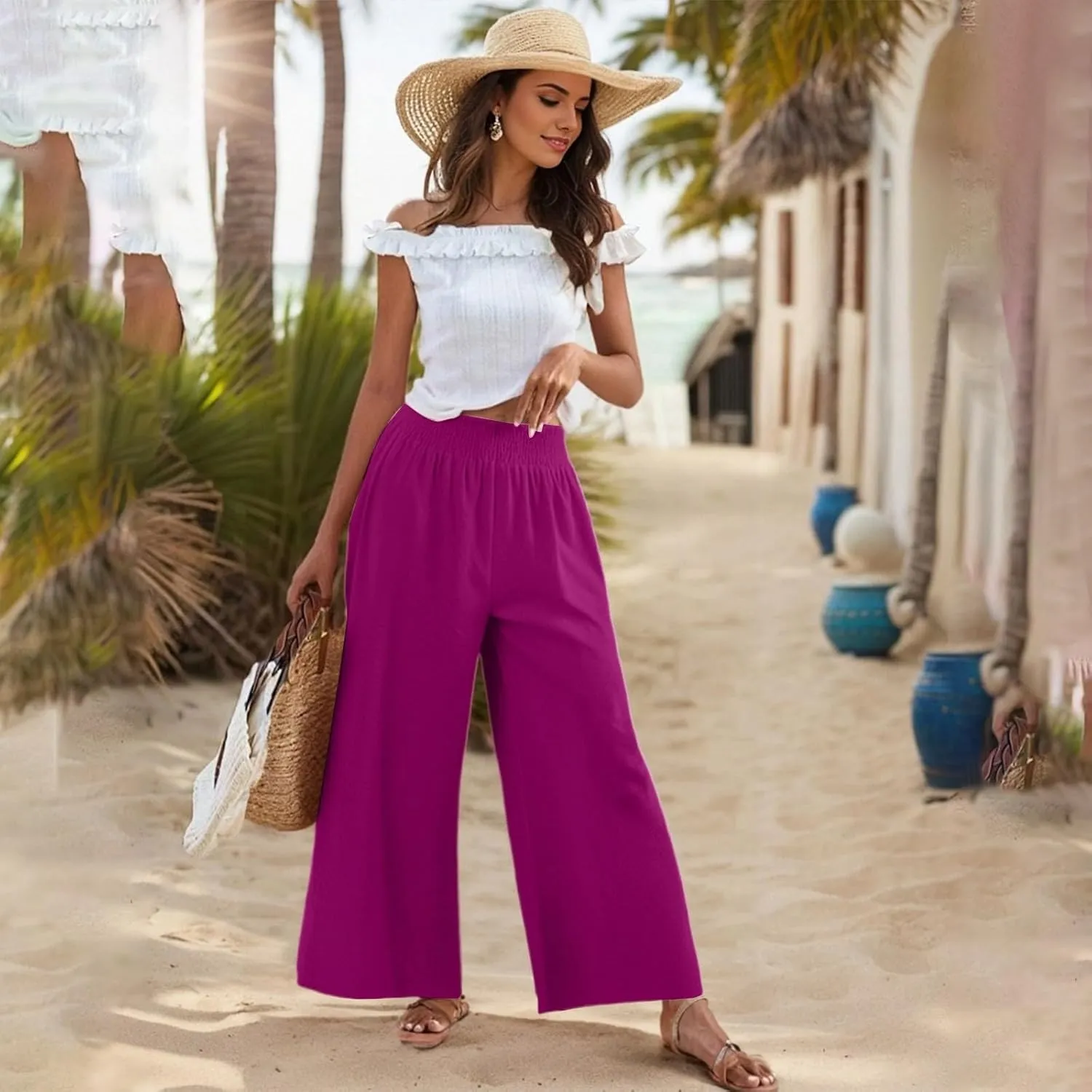 Linen Palazzo Pants for Women Casual Summer Smocked Elastic High Waisted Wide Leg Pants Loose Vacation Beach Trousers