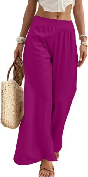 Linen Palazzo Pants for Women Casual Summer Smocked Elastic High Waisted Wide Leg Pants Loose Vacation Beach Trousers