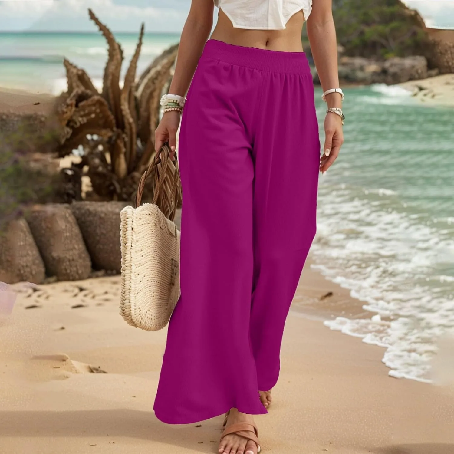 Linen Palazzo Pants for Women Casual Summer Smocked Elastic High Waisted Wide Leg Pants Loose Vacation Beach Trousers