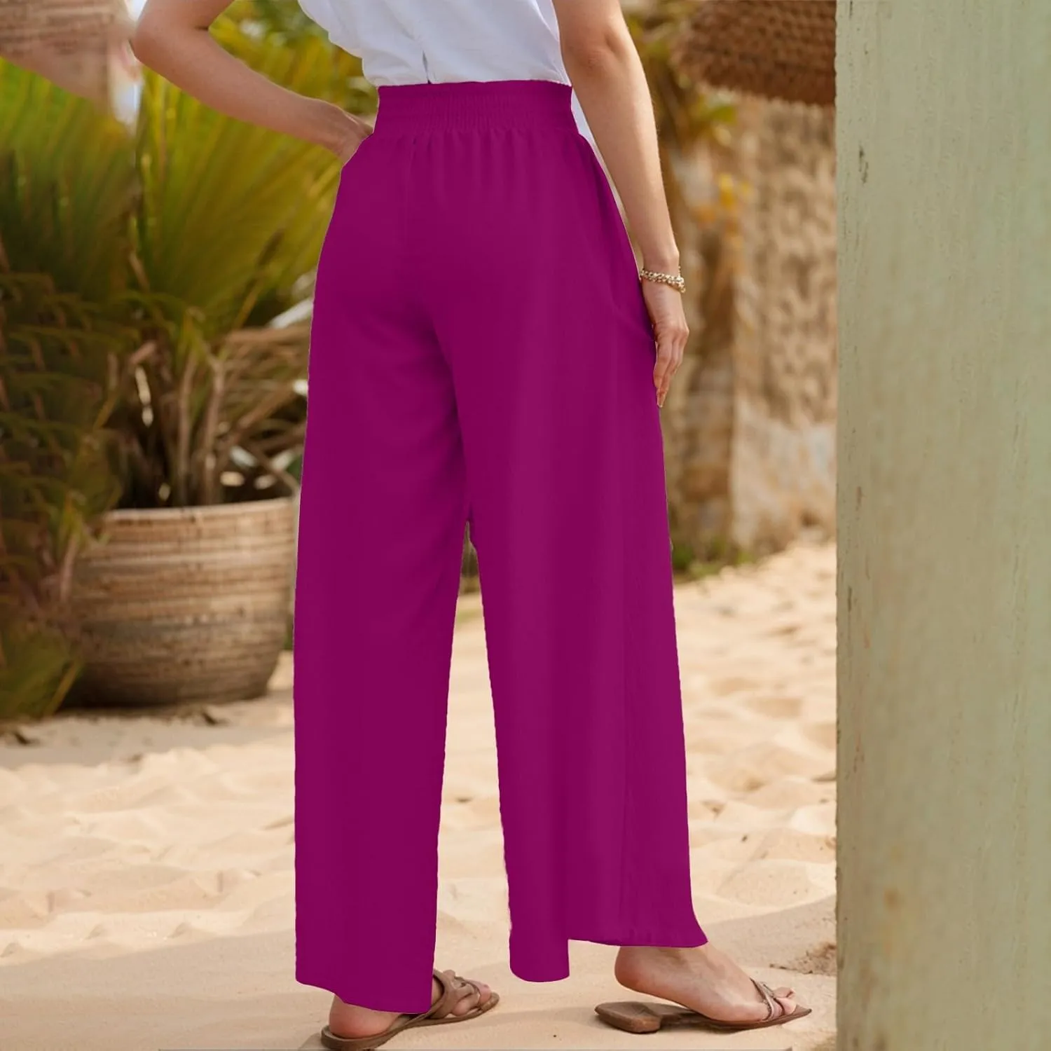 Linen Palazzo Pants for Women Casual Summer Smocked Elastic High Waisted Wide Leg Pants Loose Vacation Beach Trousers