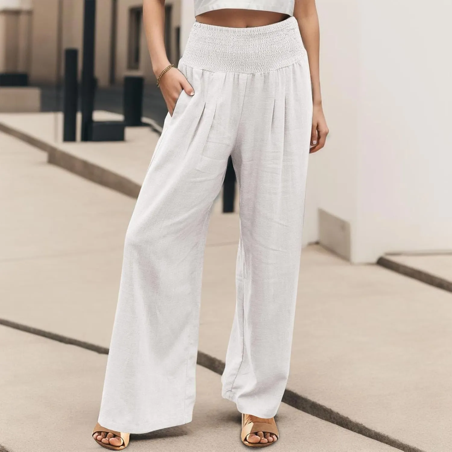 Linen Palazzo Pants for Women Summer Boho Wide Leg Pants High Waist Flowy Trousers 2025 Trendy Beach Vacation Clothes