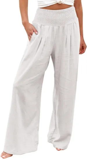 Linen Palazzo Pants for Women Summer Boho Wide Leg Pants High Waist Flowy Trousers 2025 Trendy Beach Vacation Clothes