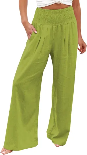 Linen Palazzo Pants for Women Summer Boho Wide Leg Pants High Waist Flowy Trousers 2025 Trendy Beach Vacation Clothes