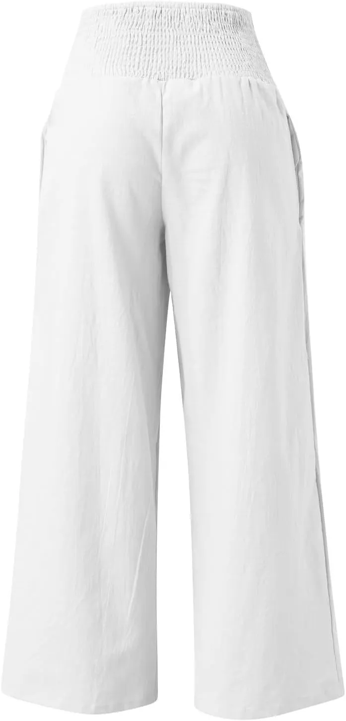 Linen Palazzo Pants for Women Summer Boho Wide Leg Pants High Waist Flowy Trousers 2025 Trendy Beach Vacation Clothes