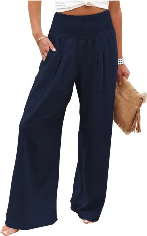 Linen Palazzo Pants Women 2025 Wide Leg Long Lounge Pant Summer High Waisted Loose Cotton Trousers with Pockets