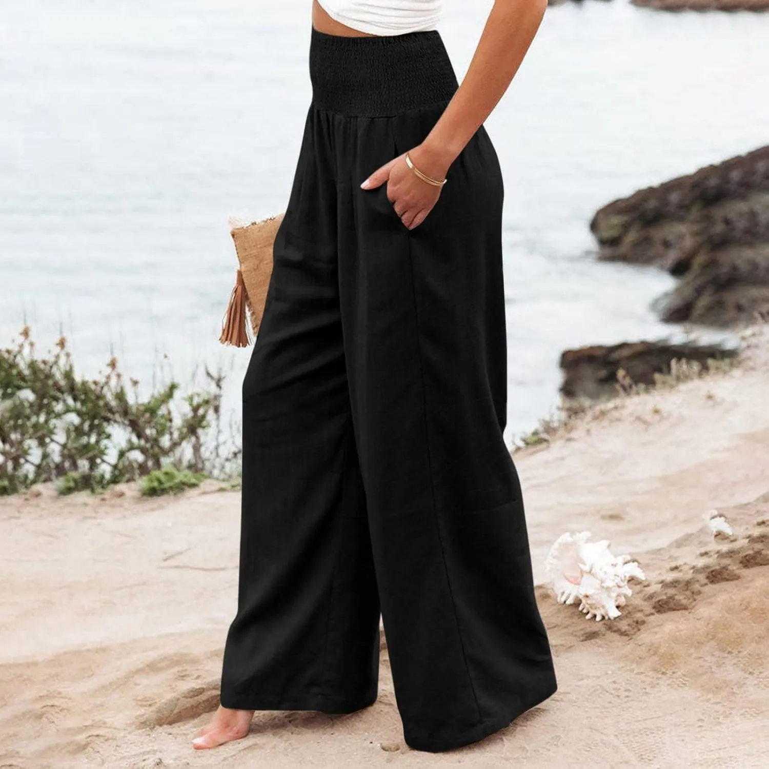 Linen Palazzo Pants Women 2025 Wide Leg Long Lounge Pant Summer High Waisted Loose Cotton Trousers with Pockets