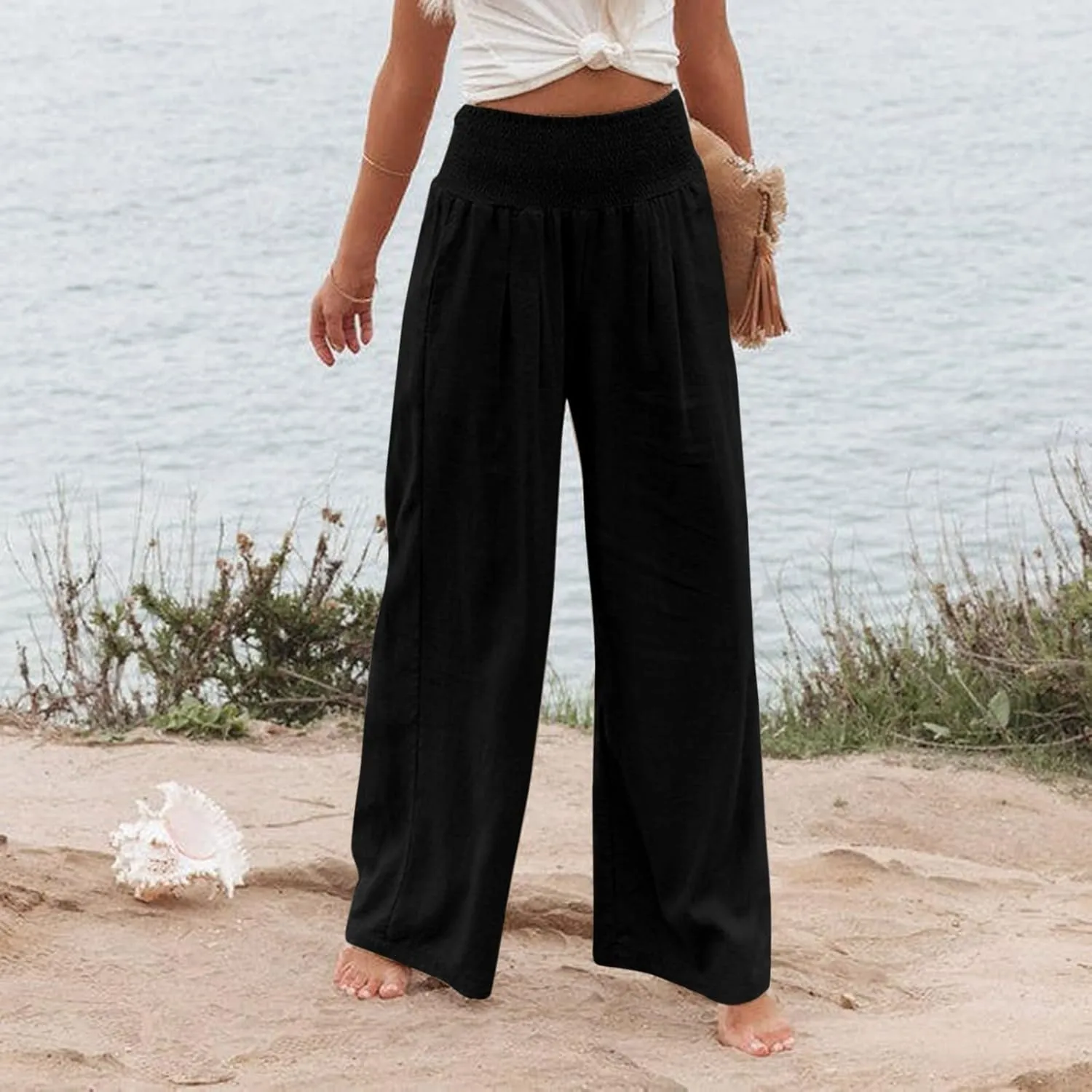 Linen Palazzo Pants Women 2025 Wide Leg Long Lounge Pant Summer High Waisted Loose Cotton Trousers with Pockets