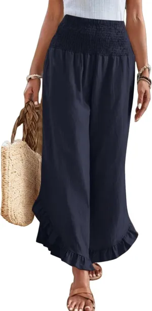 Linen Pants for Women 2025 Summer Casual Loose Flowy Boho Beach Pants,Smocked Waist Ruffle Palazzo Pant with Pockets