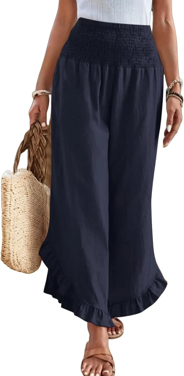 Linen Pants for Women 2025 Summer Casual Loose Flowy Boho Beach Pants,Smocked Waist Ruffle Palazzo Pant with Pockets