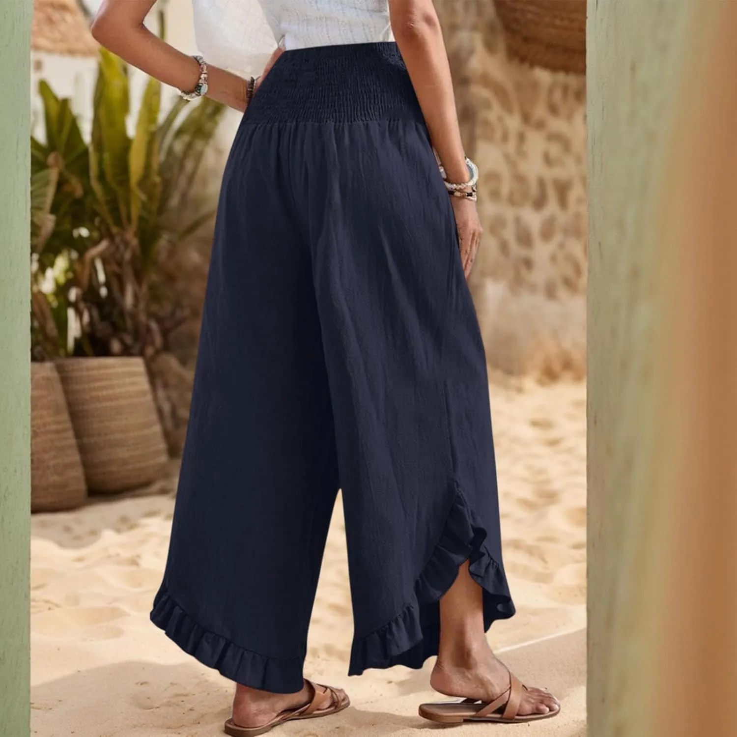 Linen Pants for Women 2025 Summer Casual Loose Flowy Boho Beach Pants,Smocked Waist Ruffle Palazzo Pant with Pockets