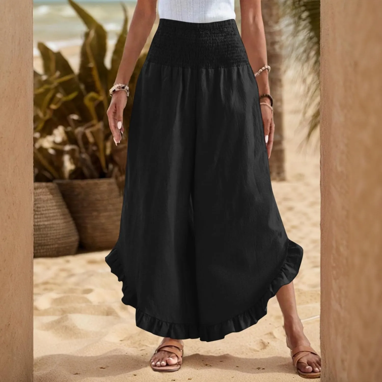 Linen Pants for Women 2025 Summer Casual Loose Flowy Boho Beach Pants,Smocked Waist Ruffle Palazzo Pant with Pockets