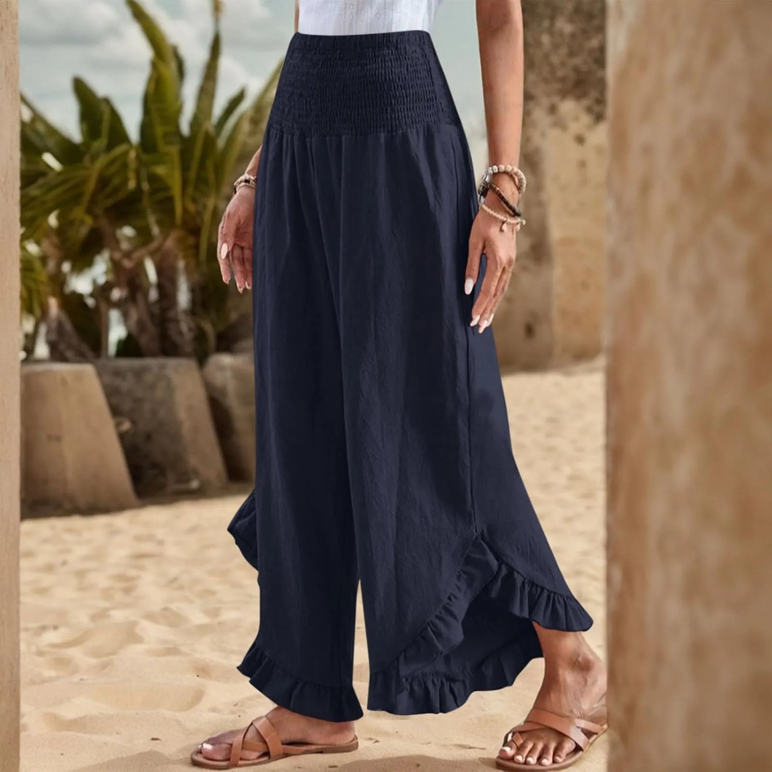 Linen Pants for Women 2025 Summer Casual Loose Flowy Boho Beach Pants,Smocked Waist Ruffle Palazzo Pant with Pockets
