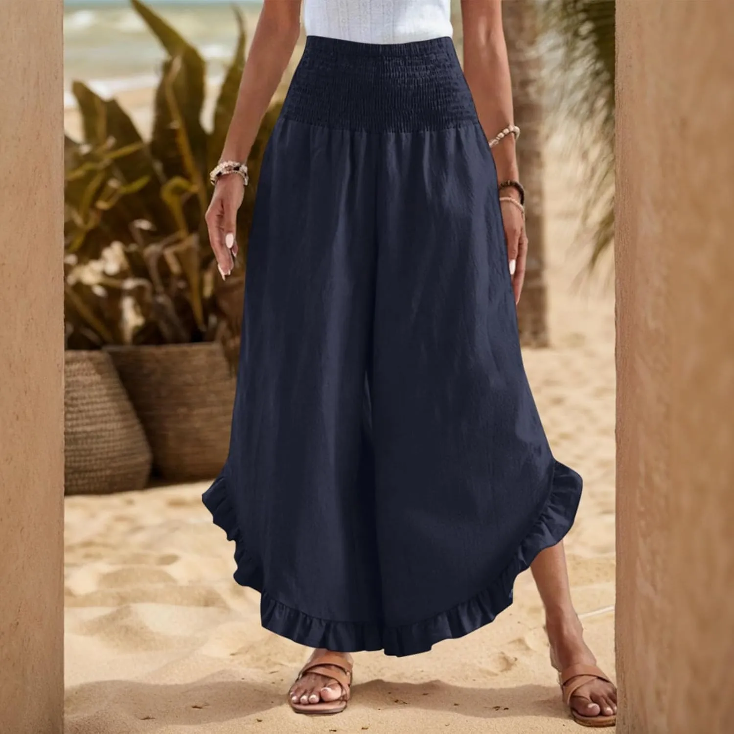 Linen Pants for Women 2025 Summer Casual Loose Flowy Boho Beach Pants,Smocked Waist Ruffle Palazzo Pant with Pockets