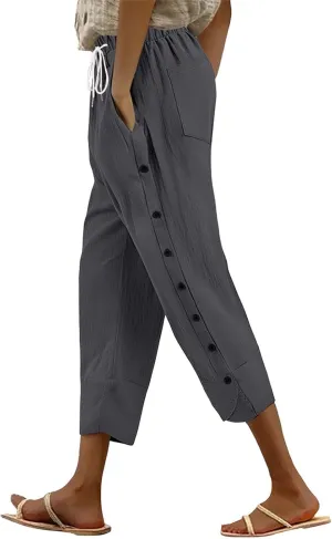 Linen Pants for Women 2025 Summer High Waist Elastic Straight Leg Lounge Pant Casual Loose Buttons Beach Trousers