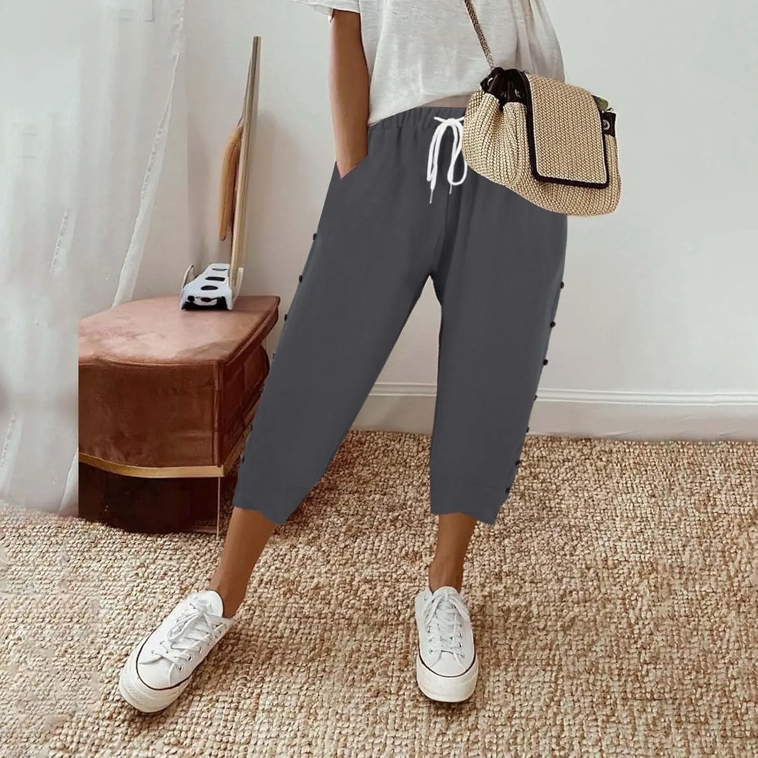 Linen Pants for Women 2025 Summer High Waist Elastic Straight Leg Lounge Pant Casual Loose Buttons Beach Trousers