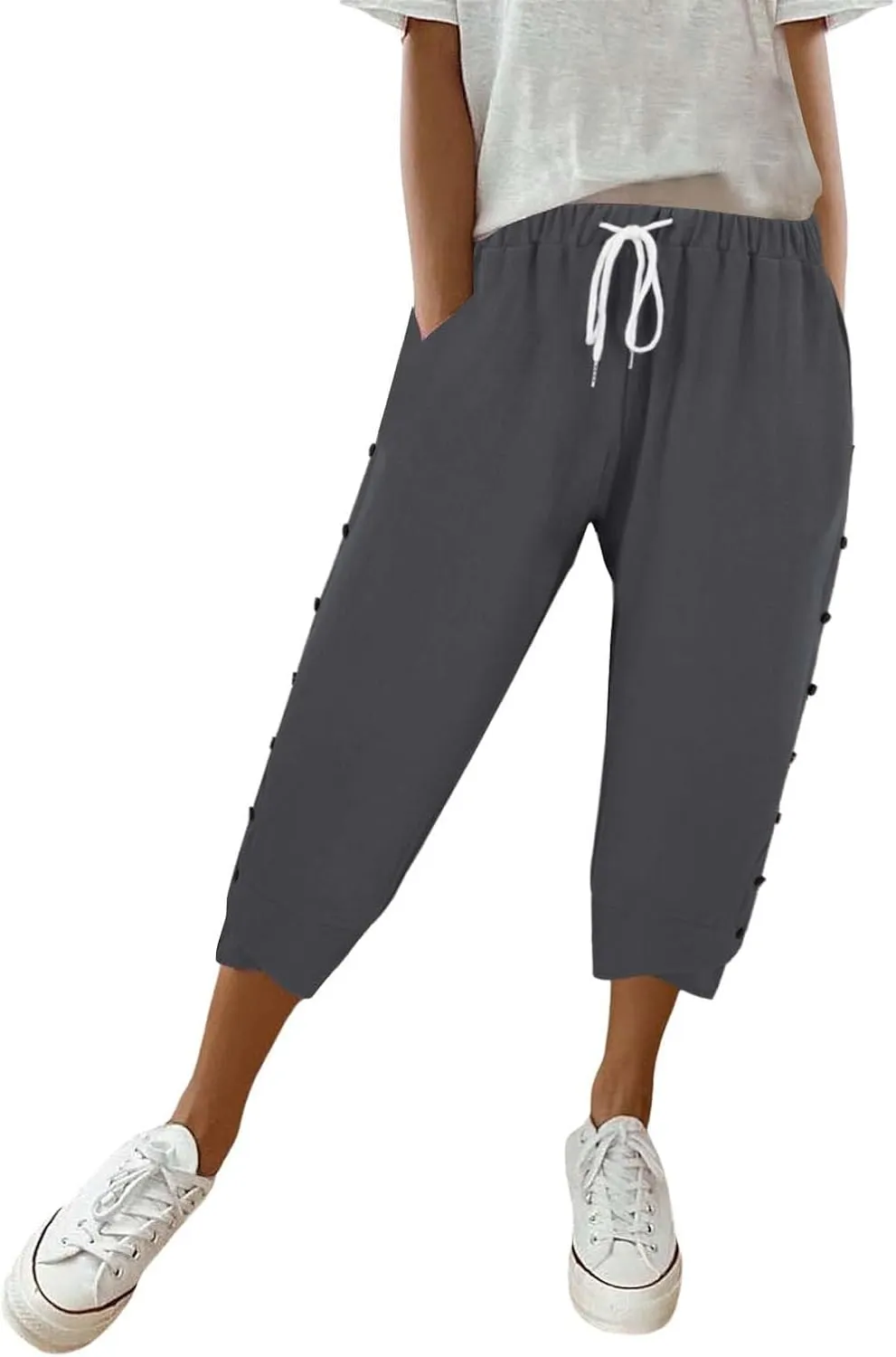 Linen Pants for Women 2025 Summer High Waist Elastic Straight Leg Lounge Pant Casual Loose Buttons Beach Trousers
