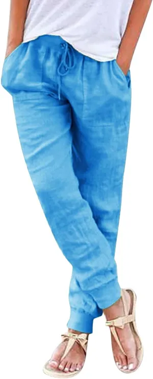 Linen Pants for Women Casual 2024 Summer Drawstring Elastic High Waist Palazzo Pants Straight Wide Leg Lounge