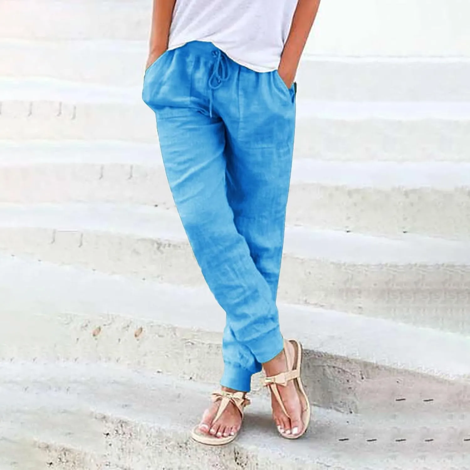 Linen Pants for Women Casual 2024 Summer Drawstring Elastic High Waist Palazzo Pants Straight Wide Leg Lounge