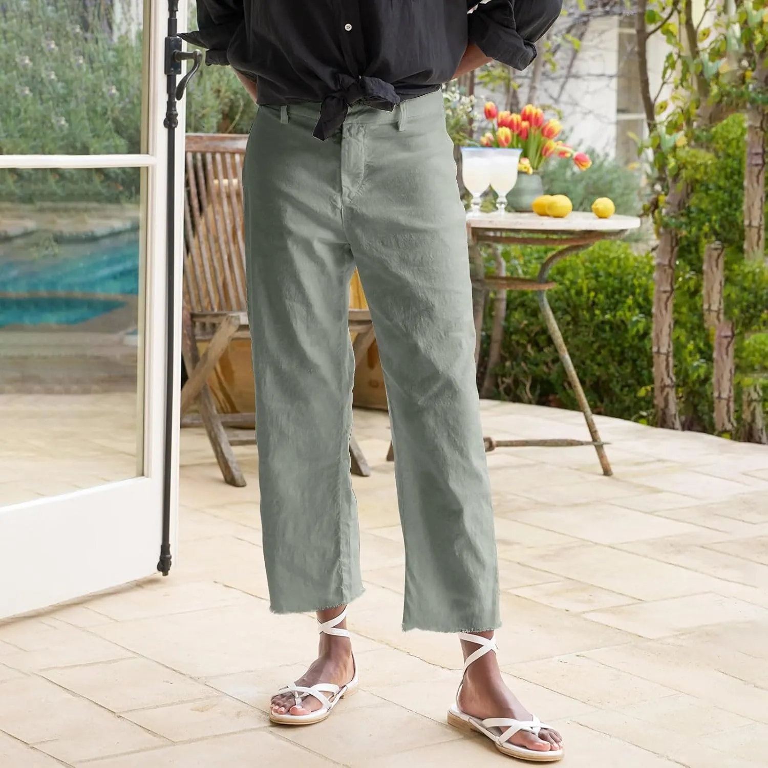 Linen Pants for Women, Casual Pants Linen Straight Leg Peasant Wide Plus