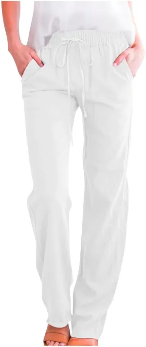 Linen Pants for Women Dressy Casual High Waisted Drawstring Pant Causal Summer Lightweight Straight Leg Lounge Trousers