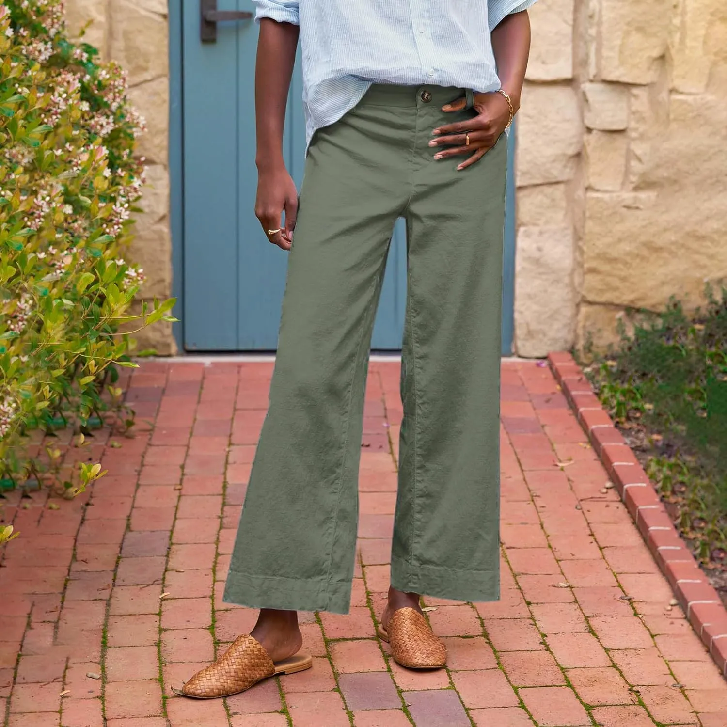 Linen Pants for Women, Linen Casual Pants Straight Leg Peasant Striped Side