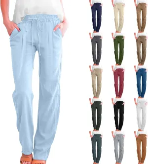 Linen Pants for Women Pleated High Waist Drawstring Comfy Casual Pants Lightweight Loose Trousers with Pockets