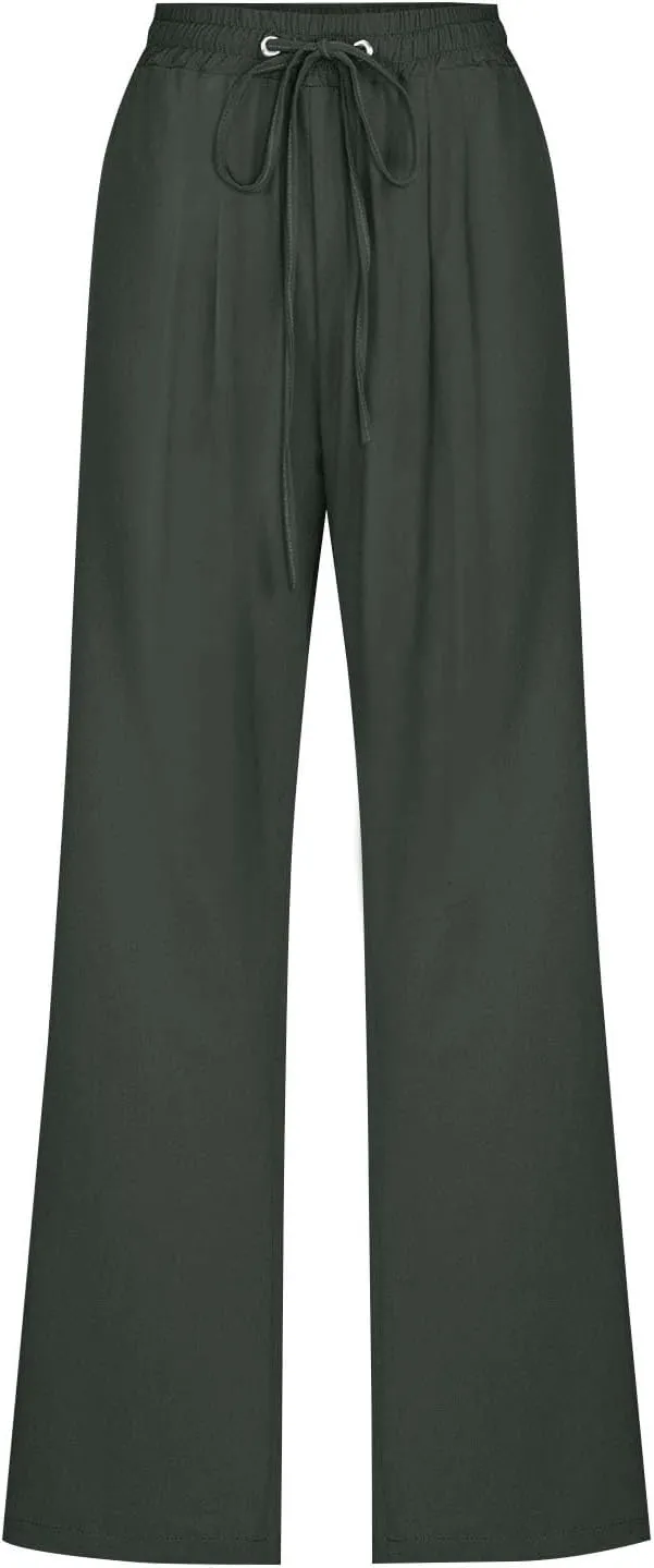 Linen Pants for Women Pleated High Waist Drawstring Comfy Casual Pants Lightweight Loose Trousers with Pockets