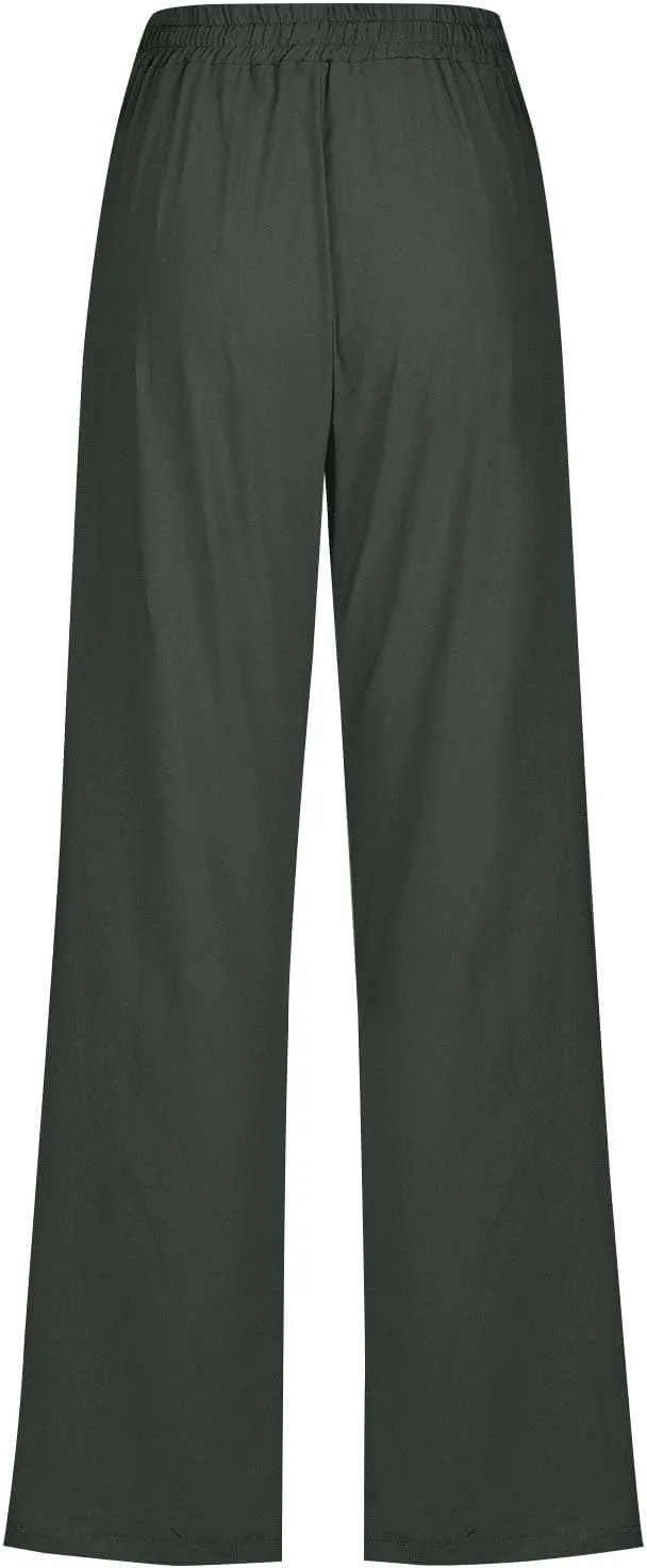 Linen Pants for Women Pleated High Waist Drawstring Comfy Casual Pants Lightweight Loose Trousers with Pockets