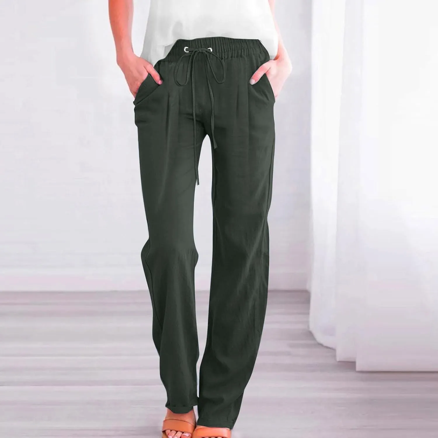Linen Pants for Women Pleated High Waist Drawstring Comfy Casual Pants Lightweight Loose Trousers with Pockets