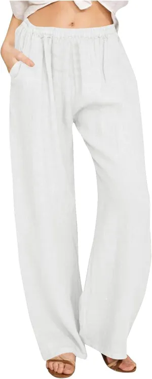 Linen Pants for Women Summer Elastic High Waisted Wide Leg Pants Loose Casual Palazzo Pant Beach Lounge Trousers
