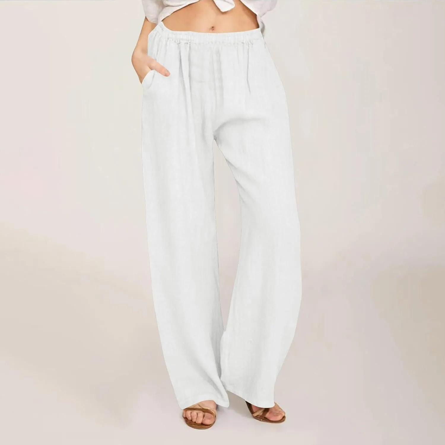 Linen Pants for Women Summer Elastic High Waisted Wide Leg Pants Loose Casual Palazzo Pant Beach Lounge Trousers