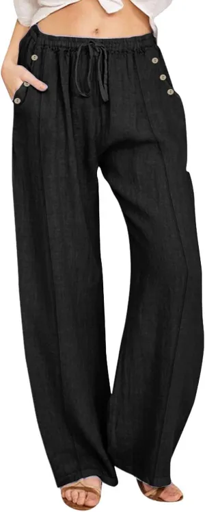 Linen Pants for Women Summer Elastic Waisted Wide Leg Palazzo Drawsting Pants Loose Beach Vacation Trousers