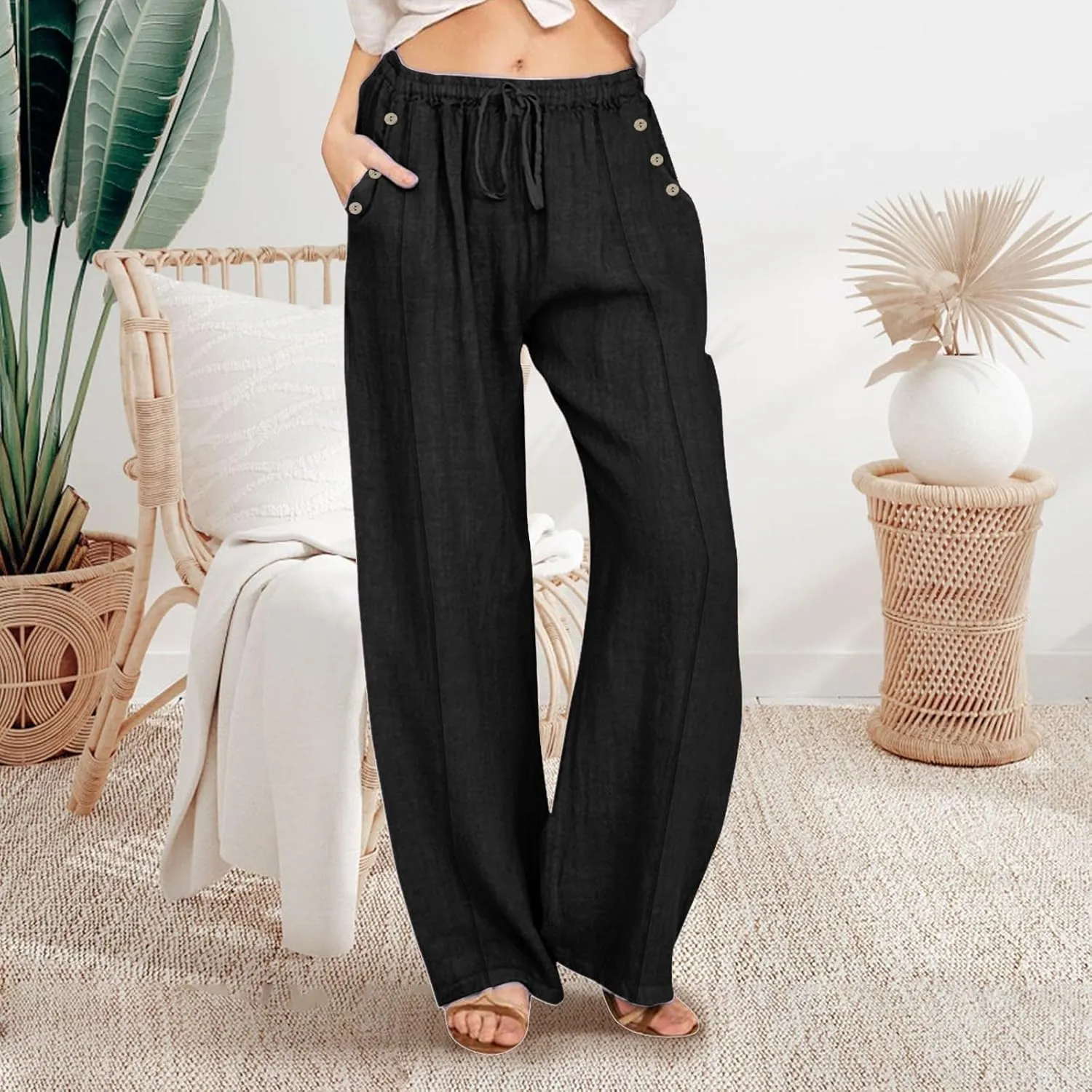 Linen Pants for Women Summer Elastic Waisted Wide Leg Palazzo Drawsting Pants Loose Beach Vacation Trousers