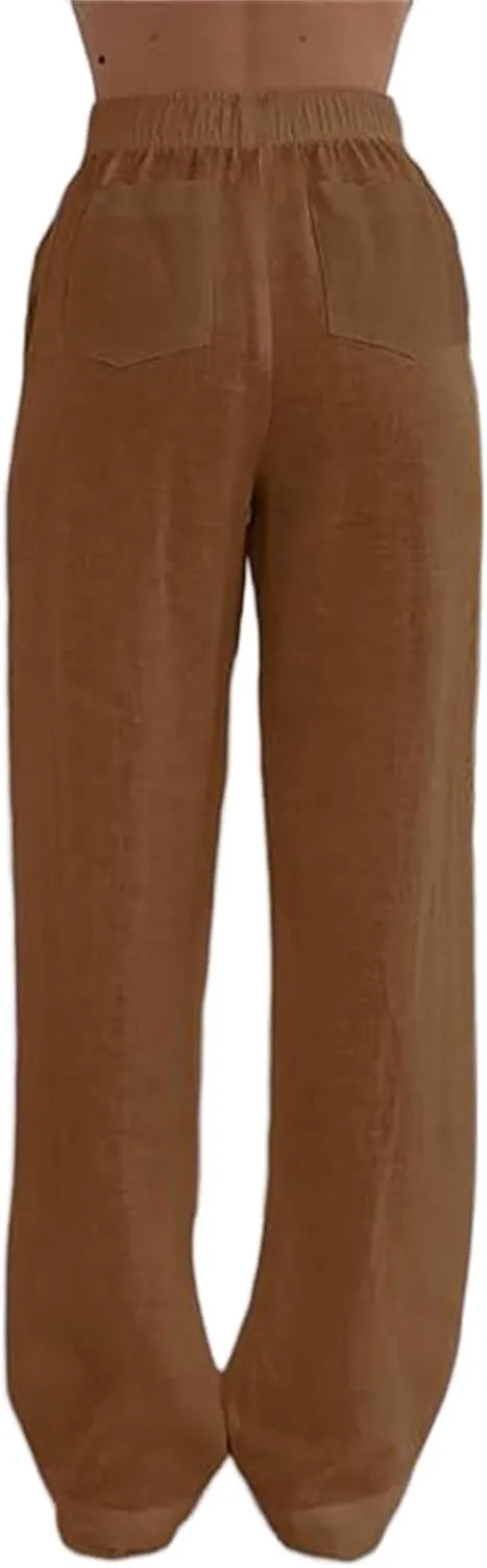 Linen Pants for Women Summer Wide Leg Pant High Waist Palazzo Pants Casual Loose Drawstring Trousers with Pockets