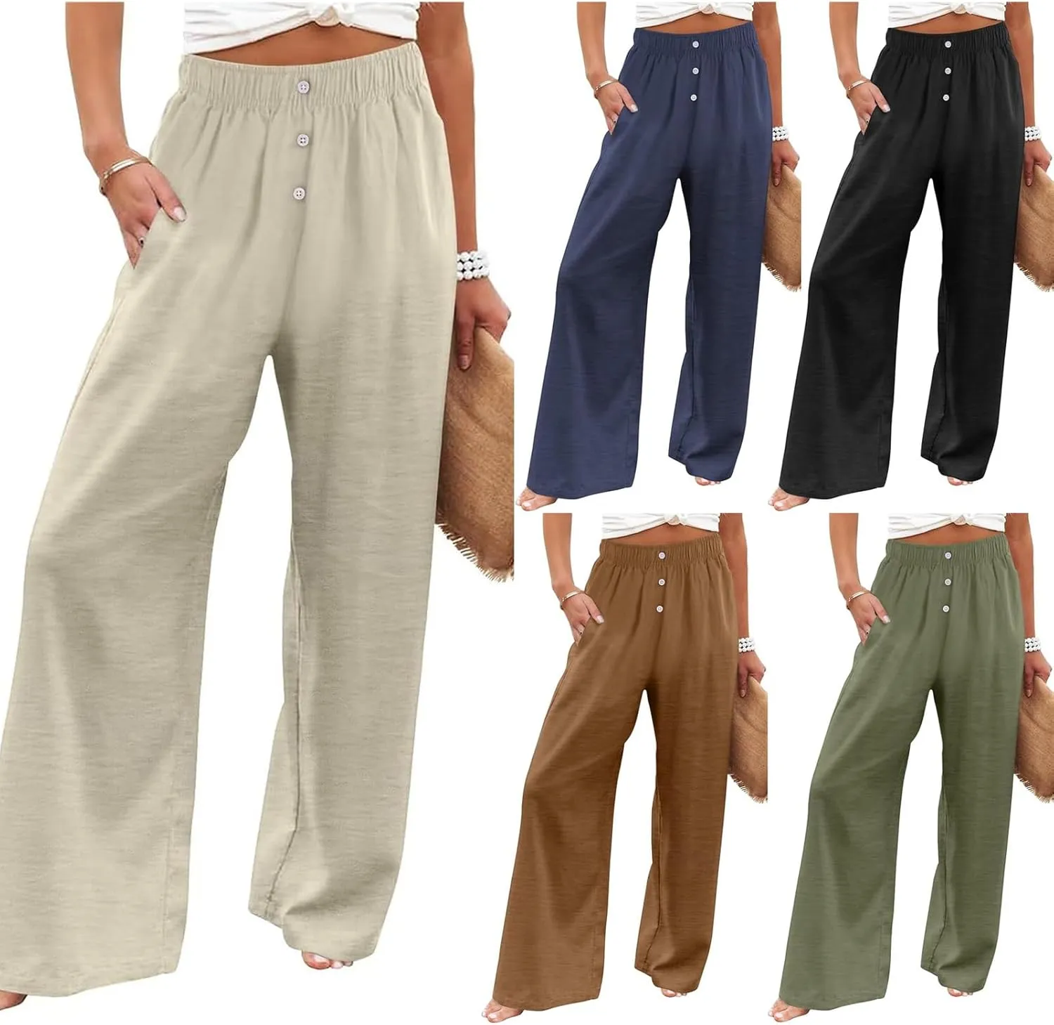 Linen Pants for Women Summer Wide Leg Pant High Waist Palazzo Pants Casual Loose Drawstring Trousers with Pockets