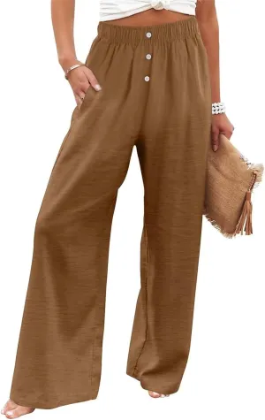Linen Pants for Women Summer Wide Leg Pant High Waist Palazzo Pants Casual Loose Drawstring Trousers with Pockets