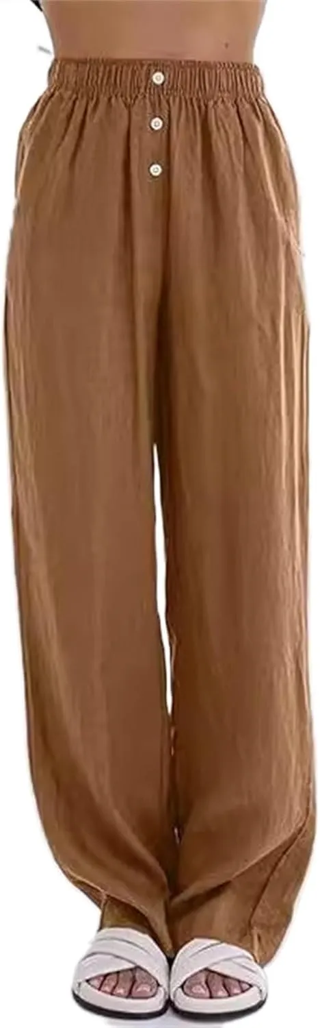 Linen Pants for Women Summer Wide Leg Pant High Waist Palazzo Pants Casual Loose Drawstring Trousers with Pockets