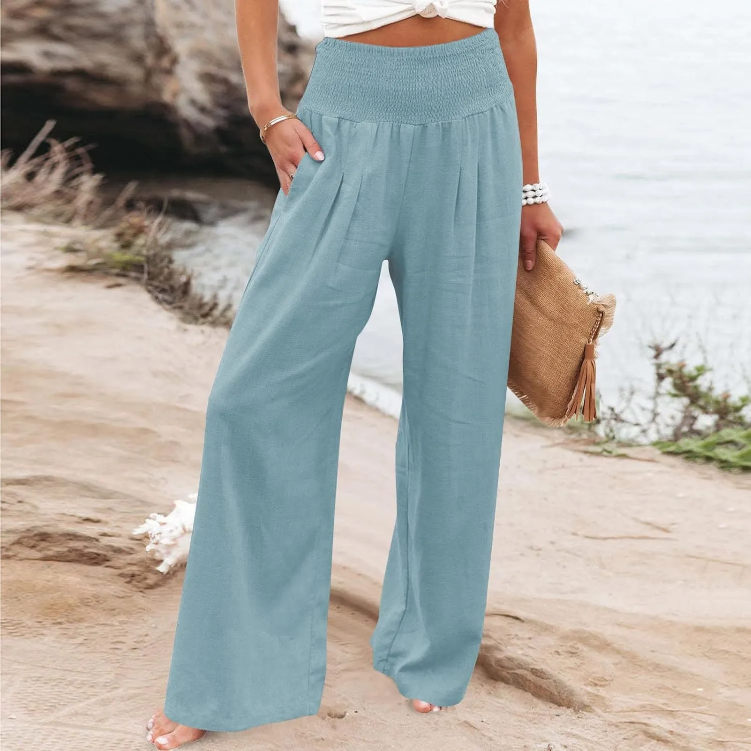 Linen Pants for Women Wide Leg High Waisted Palazzo 2024 Summer Beach Boho Smocked Trousers Lounge with Pockets