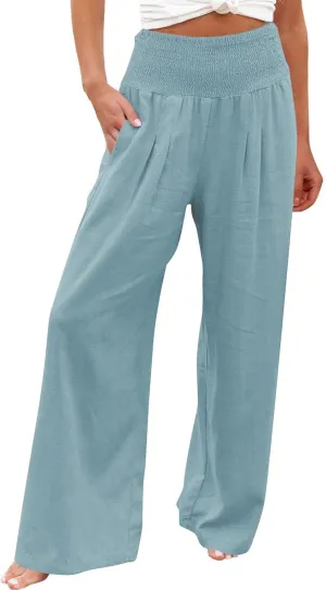 Linen Pants for Women Wide Leg High Waisted Palazzo 2024 Summer Beach Boho Smocked Trousers Lounge with Pockets