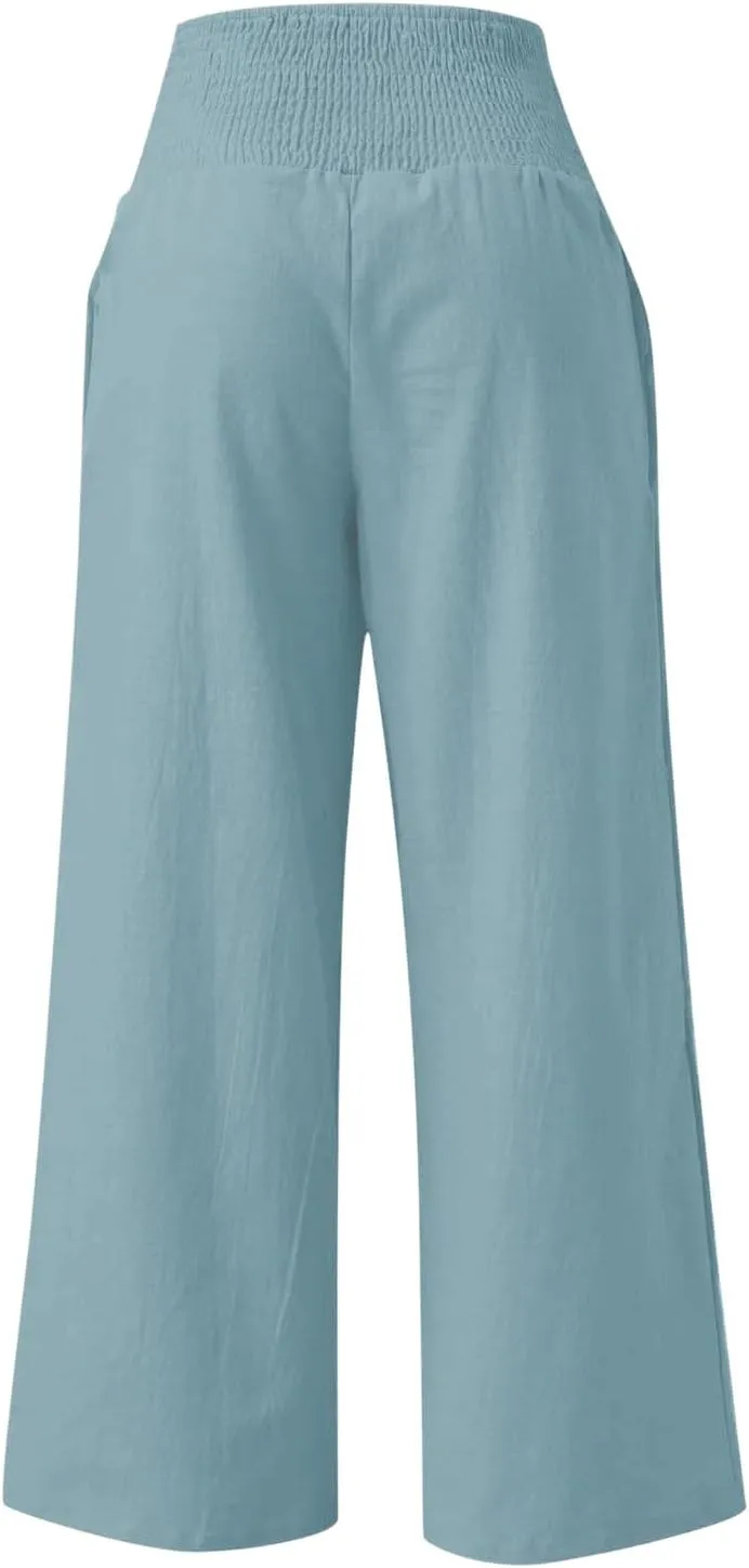 Linen Pants for Women Wide Leg High Waisted Palazzo 2024 Summer Beach Boho Smocked Trousers Lounge with Pockets