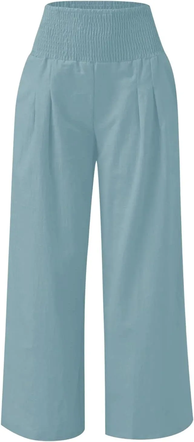 Linen Pants for Women Wide Leg High Waisted Palazzo 2024 Summer Beach Boho Smocked Trousers Lounge with Pockets