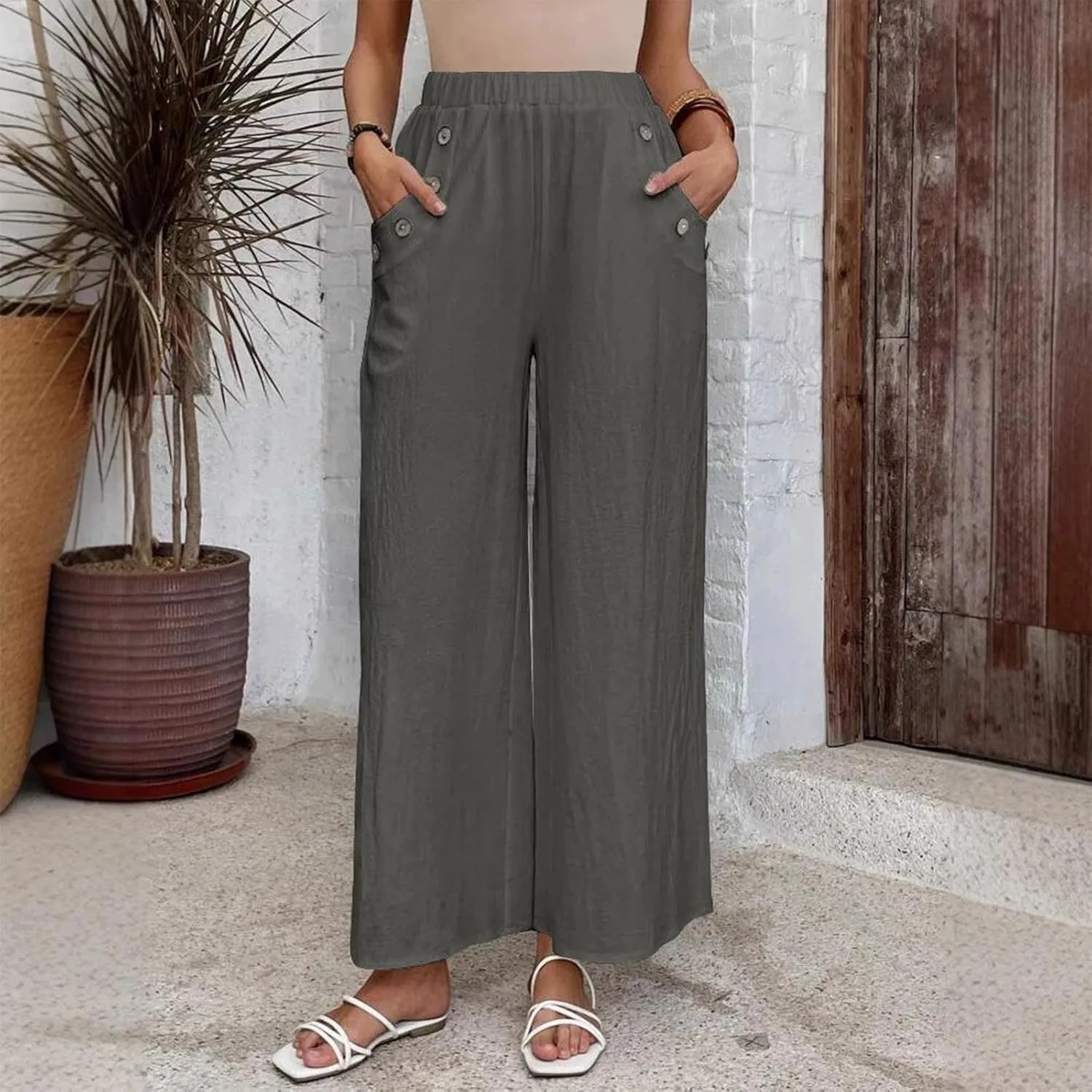 Linen Pants Women Fashion Casual Loose Elastic Waist Button Trousers Full Length Pants Summer Pants for Women 2025