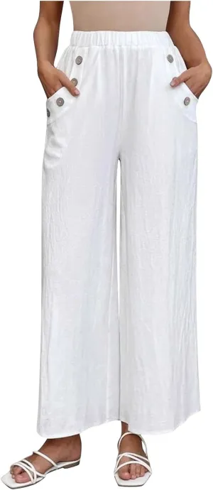 Linen Pants Women Fashion Casual Loose Elastic Waist Button Trousers Full Length Pants Summer Pants for Women 2025