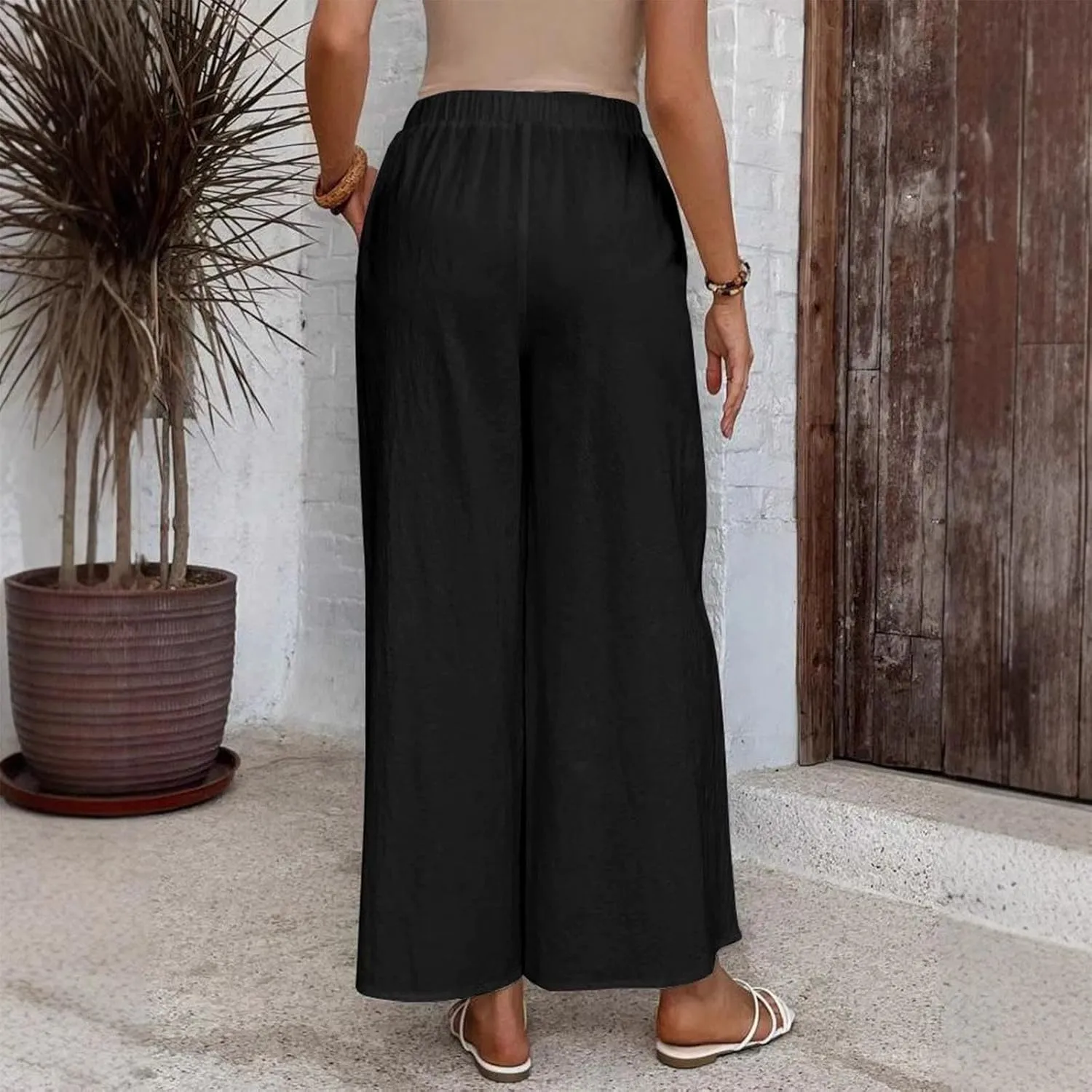 Linen Pants Women Fashion Casual Loose Elastic Waist Button Trousers Full Length Pants Summer Pants for Women 2025