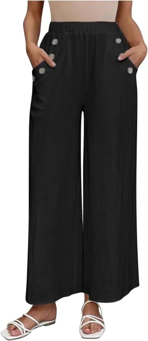 Linen Pants Women Fashion Casual Loose Elastic Waist Button Trousers Full Length Pants Summer Pants for Women 2025