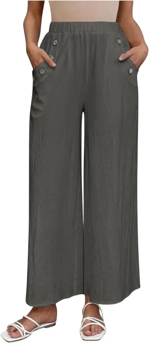 Linen Pants Women Fashion Casual Loose Elastic Waist Button Trousers Full Length Pants Summer Pants for Women 2025