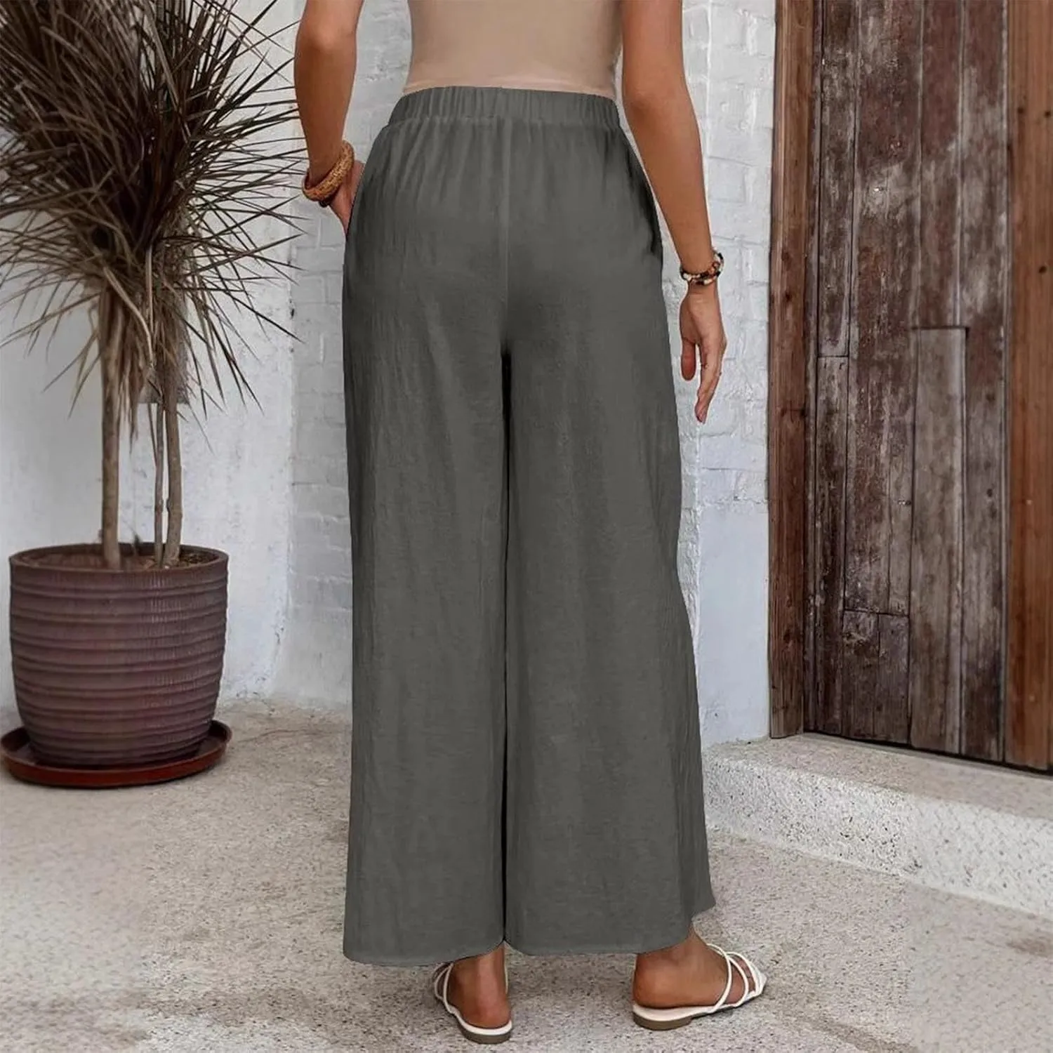 Linen Pants Women Fashion Casual Loose Elastic Waist Button Trousers Full Length Pants Summer Pants for Women 2025